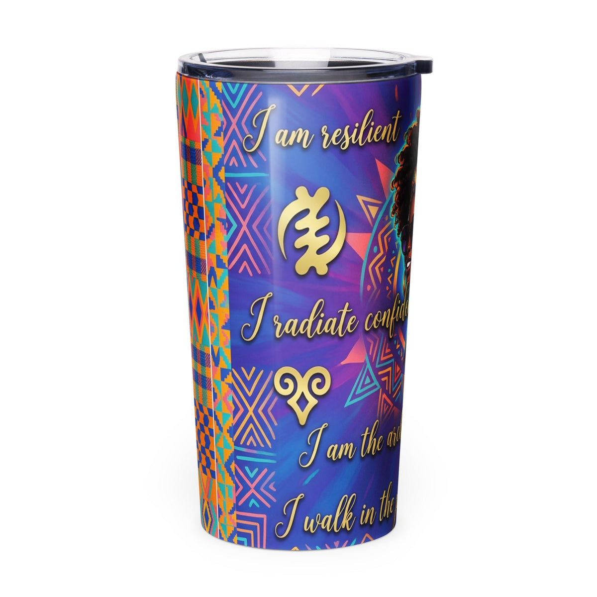 "I Am Royal Blue African Affirmation Tumbler for Black Women - Crown & Confidence Collection - 20oz Stainless Steel - Cimarron: Threads of Liberation