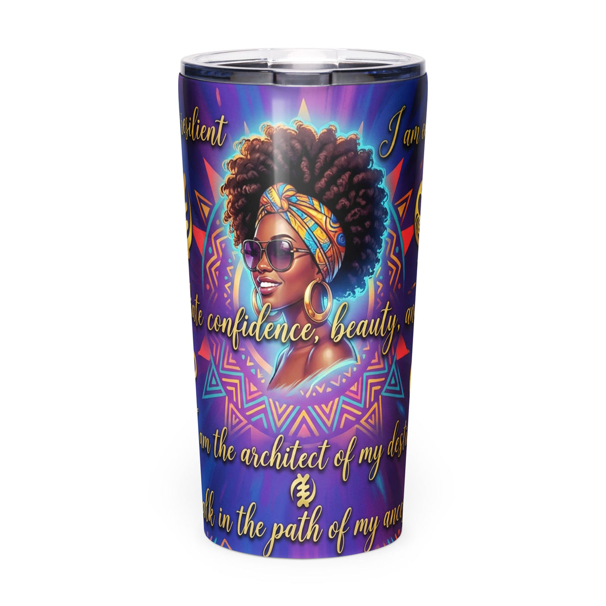 "I Am Royal Blue African Affirmation Tumbler for Black Women - Crown & Confidence Collection - 20oz Stainless Steel - Cimarron: Threads of Liberation